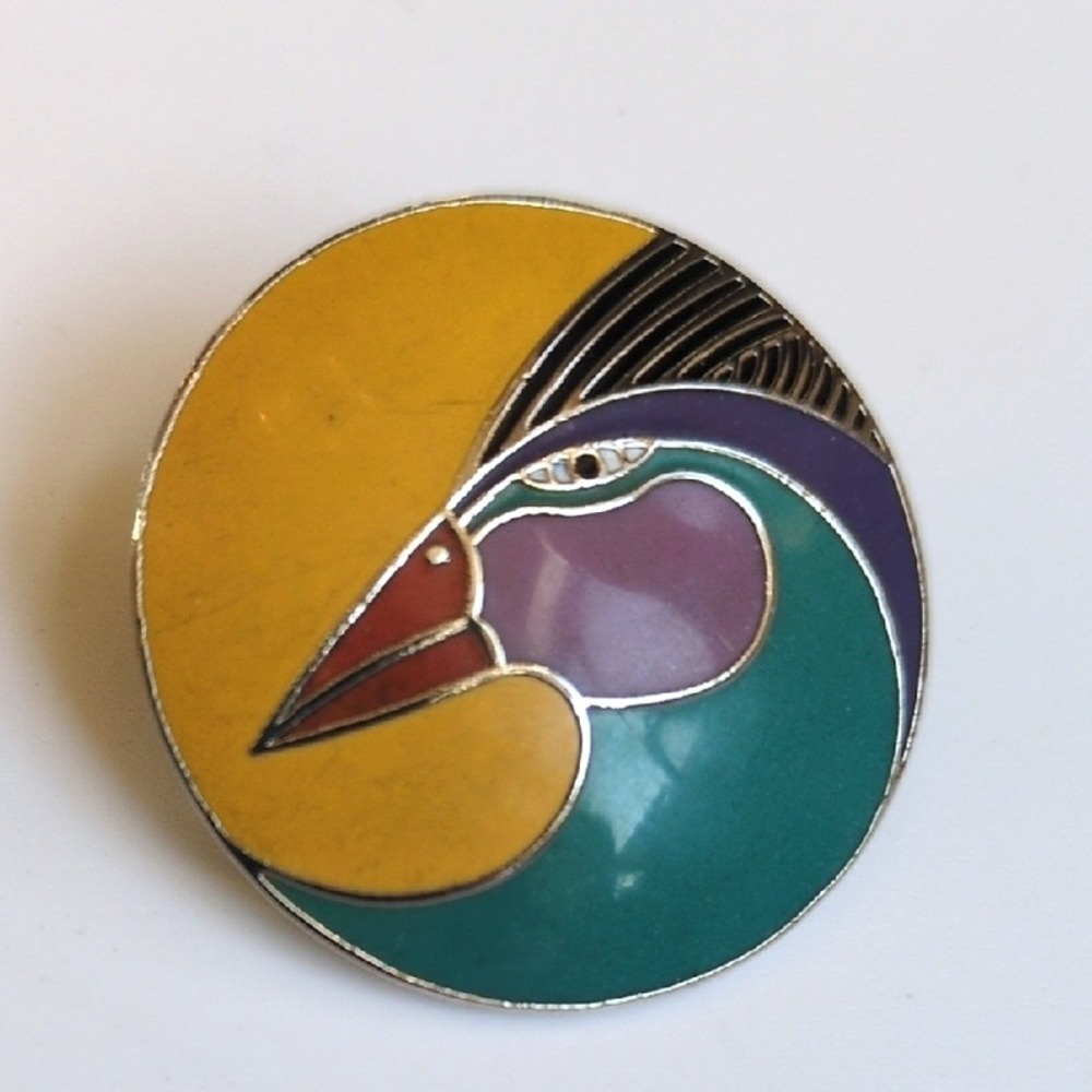 Vtg Laurel Burch Harlequin Bird Earrings - Round Circle Gold Tone‎ Studs Yellow - Picture 4 of 6